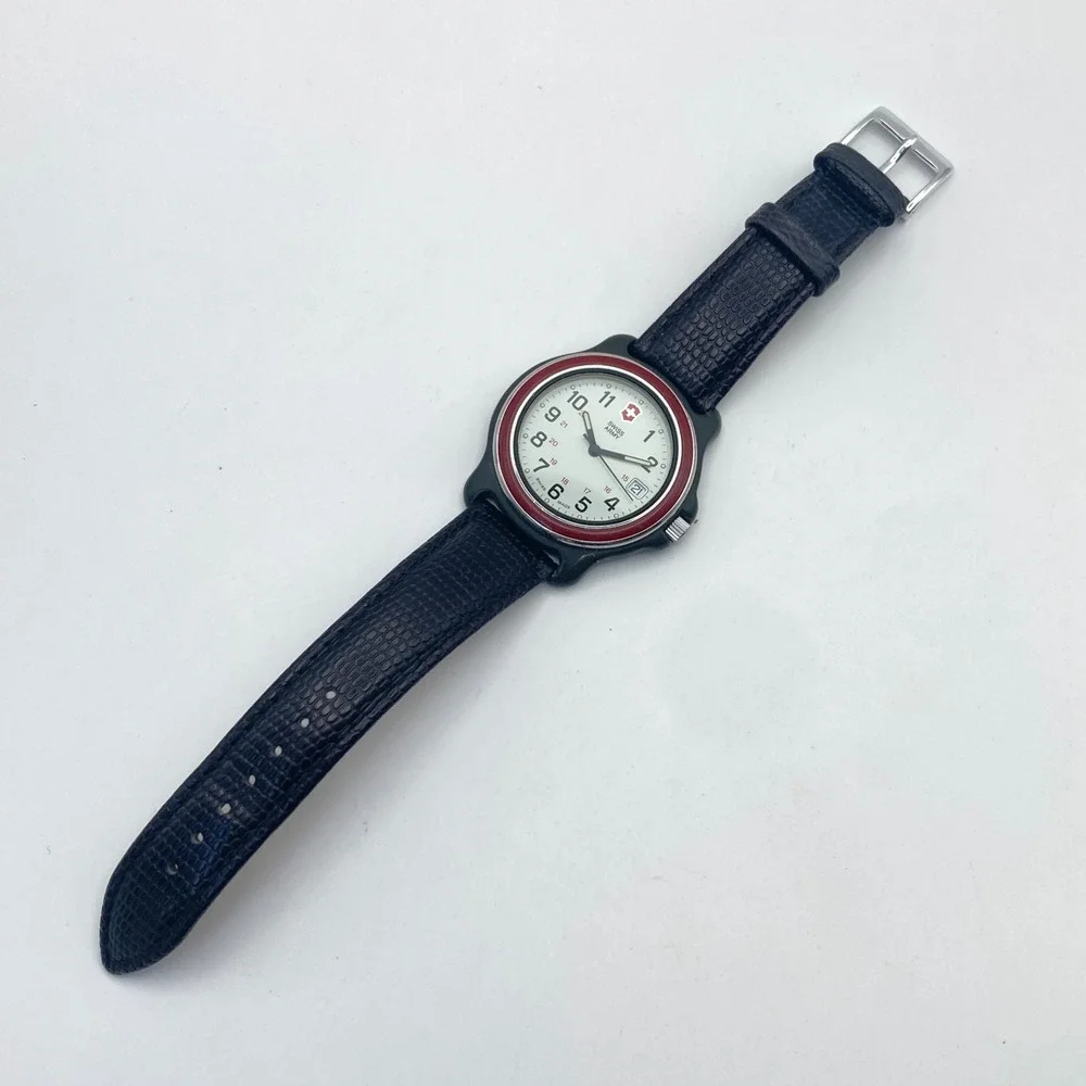 Vintage Swiss Army Men's Watch 38mm Red Bezel Date Black Leather New Battery